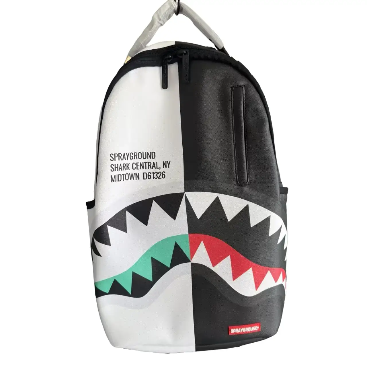 SG Split Black-White Shark-Mouth Gym Backpack with Green-Red Dual-Gum Shark Print, NY Midtown Letter Graphic, Spacious Durable Streetwear Urban Style for School & Travel