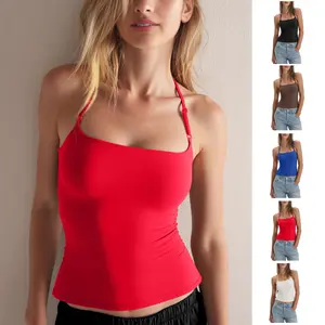 SCUSTY Women's Halter Neck Double Lined Crop Top Square Neck Backless Sleeveless Camisole Y2K Slim Fit Going Out Tank Top for Summer