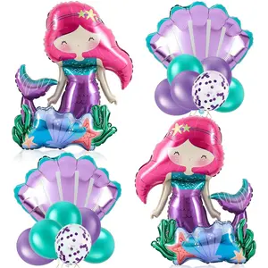 19-Piece Mermaid Underwater Theme Birthday Party Decor, Latex & Metal Balloons, Glitter Balloons, Pool Party, Kids Photo Props