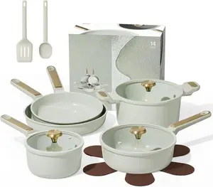 Ceramic Cookware Set Nonstick, 14pcs Pots and Pans Set Nonstick, Non-Toxic & PFAS-Free, Dishwasher, RV/Camping Cookware Set, Cooking Pots with Lids, Sage Green