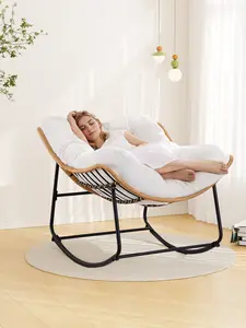 ONBRILL Oversized Indoor Outdoor Rocking Chairs, Papasan Rocking Chair Indoors with Padded Cushions, Rattan Wicker Lounge Chair for Living Room, Porch, Patio, Garden