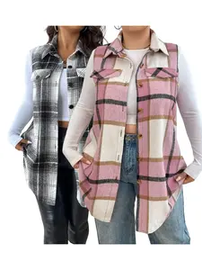 Plus Size Women's Plaid Casual Vest Jacket (fake Pockets), Collared, Button Front, Fitted Sleeveless Design, Fall & Winter Fashion Outerwear, Tops, Sleeveless Vests