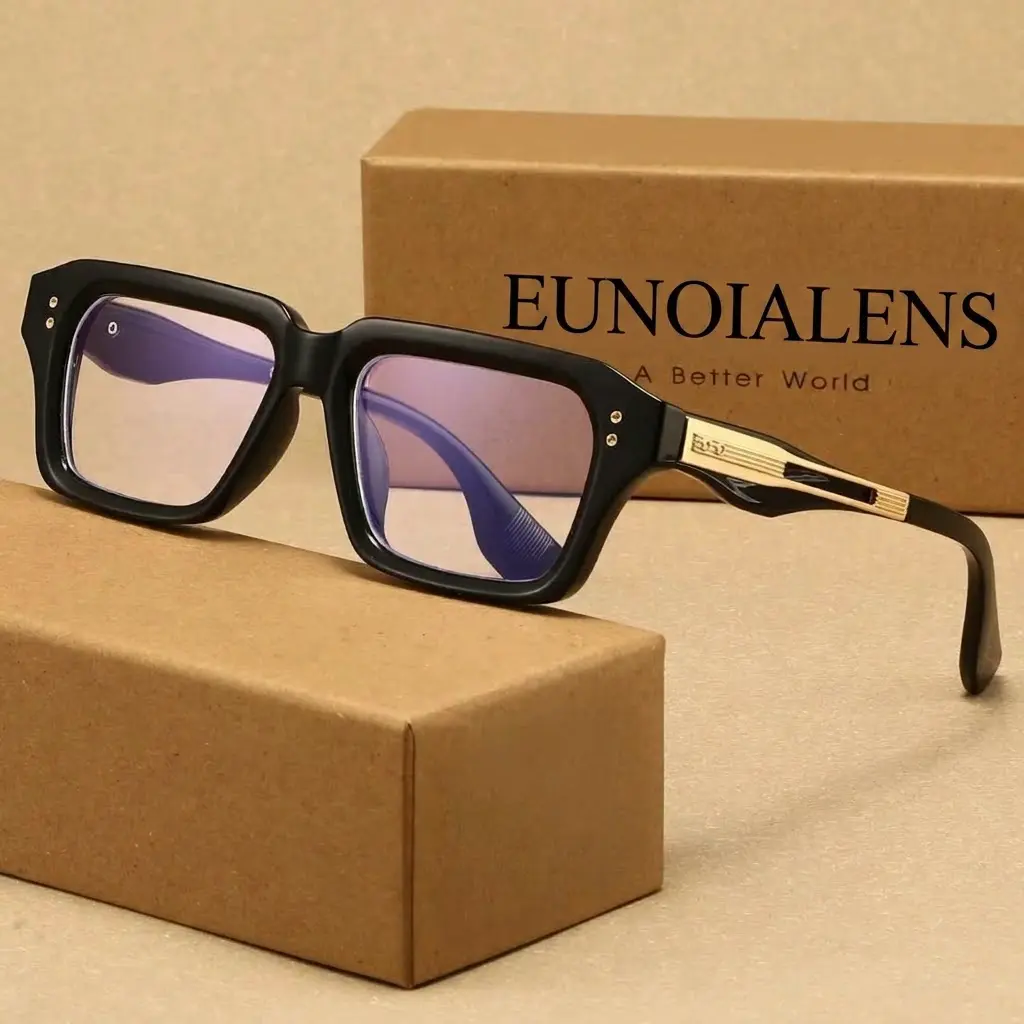 EUNOIALENS Retro Square Thick-Frame Non-Prescription Glasses for Men-Women, Vintage Black Acetate UV400 Anti-Blue Light Sunglasses with Gold Metal Temple, Purple Gradient Lens