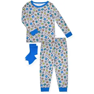 Boys 2-Piece Super Soft Jersey Snug-Fit Pajama Set with Socks - Milk & Cookies.