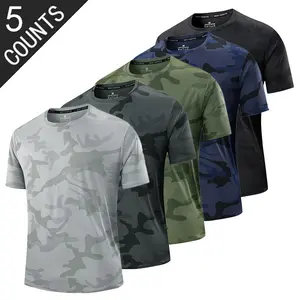 Men’s camouflage short-sleeve tops, 5-pack — breathable crew neck casual shirts, regular fit for fitness and running; suitable for summer beachwear, gym workouts, and everyday wear.