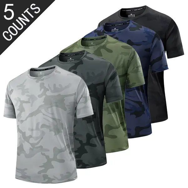 Men’s camouflage short-sleeve tops, 5-pack — breathable crew neck casual shirts, regular fit for fitness and running; suitable for summer beachwear, gym workouts, and everyday wear.