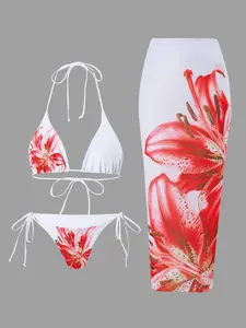 Three-Piece Set Women's Floral Print Bikini Set & Cover Up Skirt, Sexy Chic Swim Top & Swim Skirt & Swim Panty Set, Ladies Swimsuit for Beach Holiday Vacation, Floral Print Swimsuits