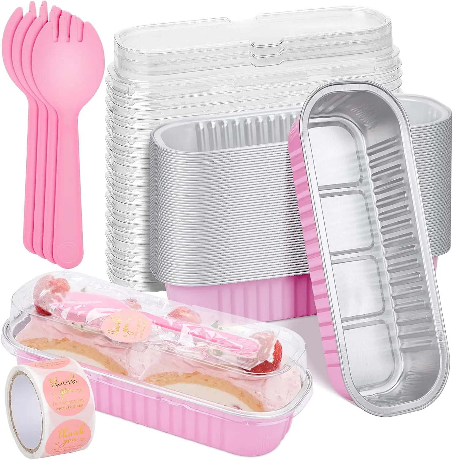 25-Pack Thick Convenient & Disposable Pink Aluminum Foil Bakeware Set - 6.8Oz 6.5”x2.5”x1.2” Mini Cake Pans with Lids, Mini Loaf Pans, Spoons, Stickers - Heatproof Durable Oven-Safe Trays for Weddings, Small Business Packaging