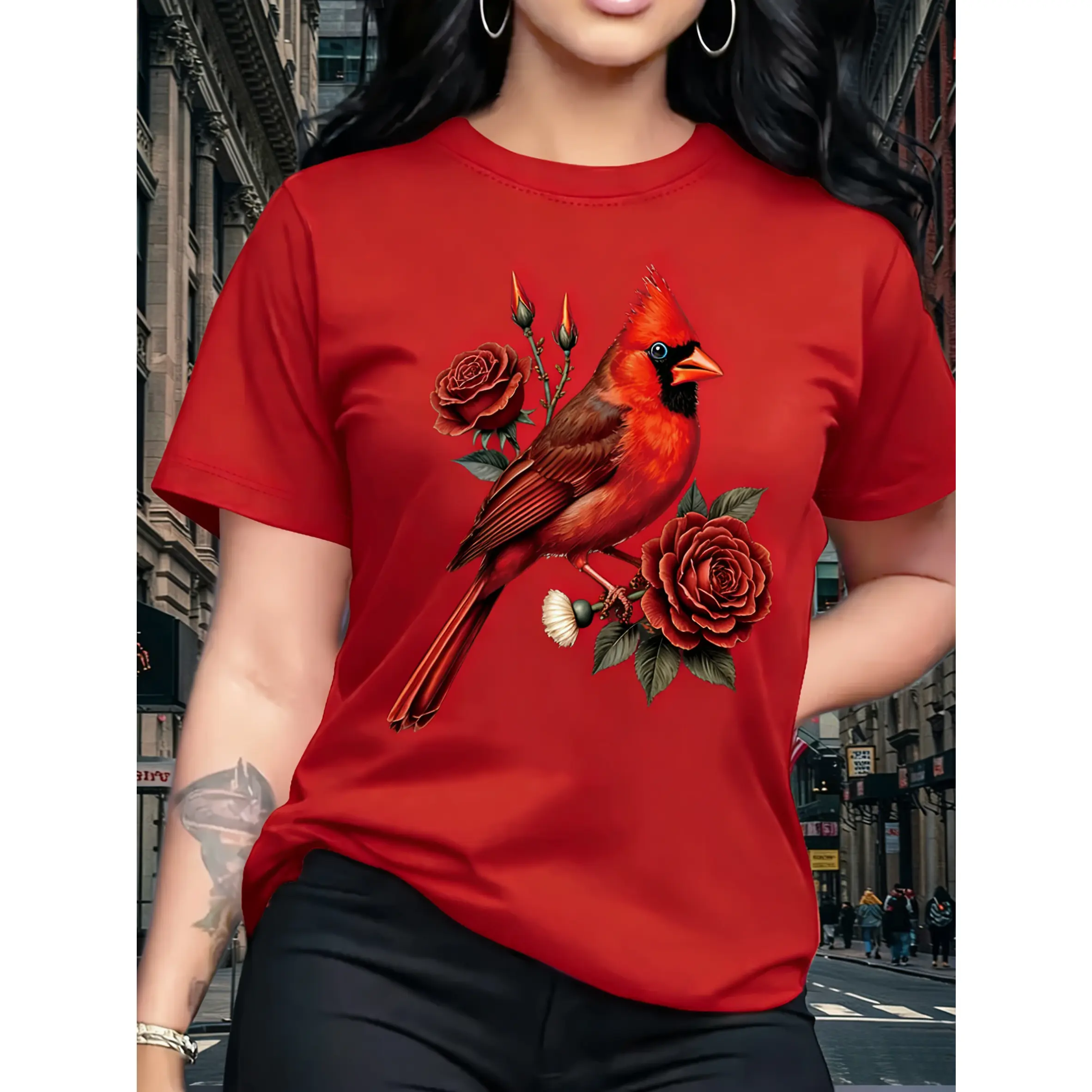 Women's Cotton Printed Short-Sleeve Round Neck T-Shirt - Soft Classic-Oversized Fit, Elegant Floral Bird Print, Breathable Fabric for Summer Travel, Shortsleeve, Tshirt, Smooth, Graphic, Tops, Basic, Comfy Casual, All Seasons, True Size, Pure Cotton, Basi
