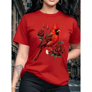 100% cotton elegant floral and bird pattern women's fashion casual T-shirt, short-sleeved round-neck top, birthday gift, suitable for travel, vacation, parties, sweet and elegant, soft and comfortable,summervibes