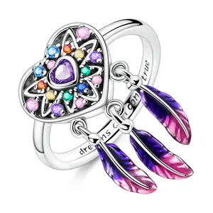 Bohemian Plated Silver Heart Dreamcatcher Guardian Ring - Women's Multi-colored Gemstone Dangle Feather Ring
