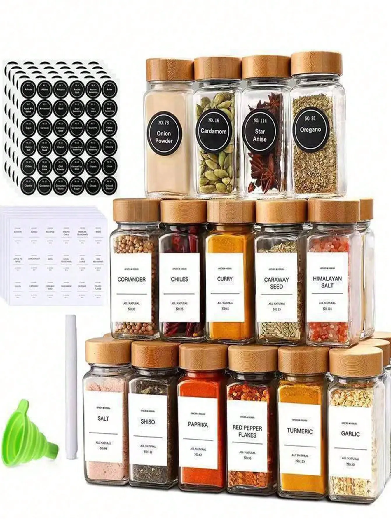 12 Pcs Aesthetic Glass Spice Jars Canister Set with Glass Body, Bamboo Lids, Airtight Sealing, Shaker Lids, Silicone Funnel, Labels - Home Organization Storage Containers to Preserve Spices, Bamboo Lid, Natural Look