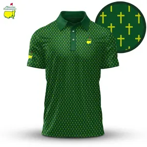 Green Yellow Cross Pattern Golf Polo Shirt for Men – Masters Style Lightweight Breathable Performance Golf Wear