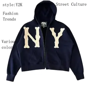 Y2K York Unisex Letter Embroidery Trendy Hoodies Zip Up Casual Overlook Hip Hop Streetwear Harajuku Jacket Women'S Solid Minimalist Underwear Pocket Hoodie Long Sleeve Style Sweatshirt designer  clothing