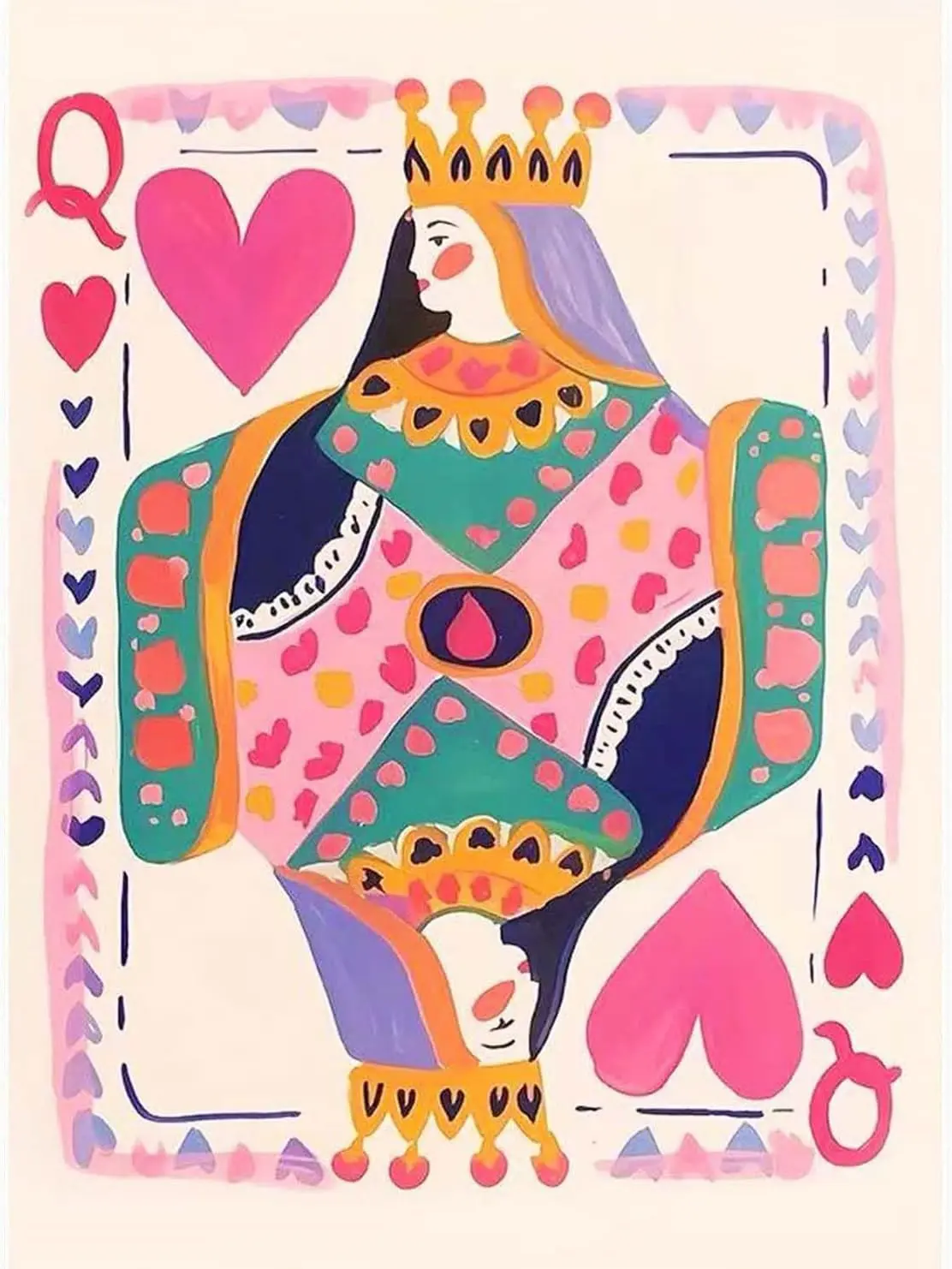 GemZono 5D Diamond Painting Kit - Artistic DIY Diamond Art, Boho Pastels Queen Heart Hand-Drawn Playing Card with Pink-Teal Crown, Folk Art Vibrant Abstract Crystal Rhinestone Wall Decor Gift
