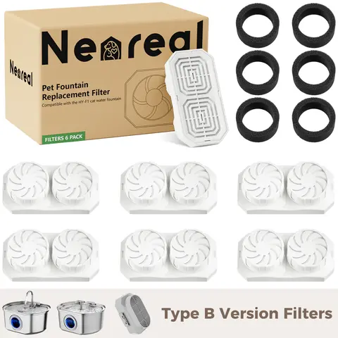 Neareal 6-Pack Version B Oval Fabric Replacement Filters with Pre-Filter Sponges, Triple-Layer Activated Carbon Long-Lasting Filtration, Cost-Efficient Feeding Supplies for 108 oz Stainless Steel Cat Water Fountain, 6-12wk Per Pack