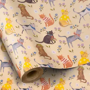 Kraft Paper Cat Floral Gift Wrap Roll, Multi-Color Cat and Wildflower Print, Ideal for Cat Lovers, Birthdays, DIY Decor, 43.2cm X 500cm