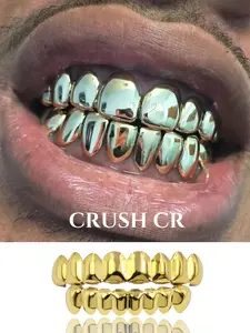 CRUSH CR 18K Gold Plated Full Coverage Solid Grillz Set, Teeth Kit, for Unisex, Mirror-Like Polished Finish, Hypoallergenic Removable Top Bottom 8-Teeth Caps, for Hip Hop Concerts, Music Festivals Club Nights Urban Street Style Y2K Dental Jewelry