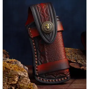 Hand Made Carved Cow Leather Sheath for Folding Knife Cover Pouch Belt Clip New