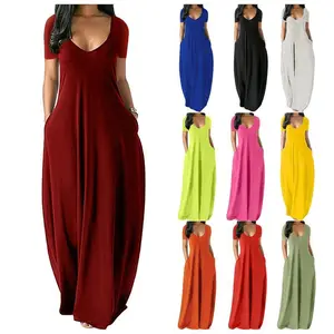 Summer new hot-selling large-size women's clothing solid color sexy deep V short-sleeved long skirt with pockets Casual Womenswear Dress Gamis summer outfits sundress western cowgirl style Basic Minimalist Shortsleeve Yellow over 50 event hollow  dress