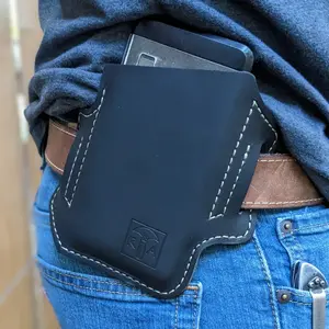 Slanted Leather Phone Holster, Leather phone case with belt loops, Pixel Samsung phone holster
