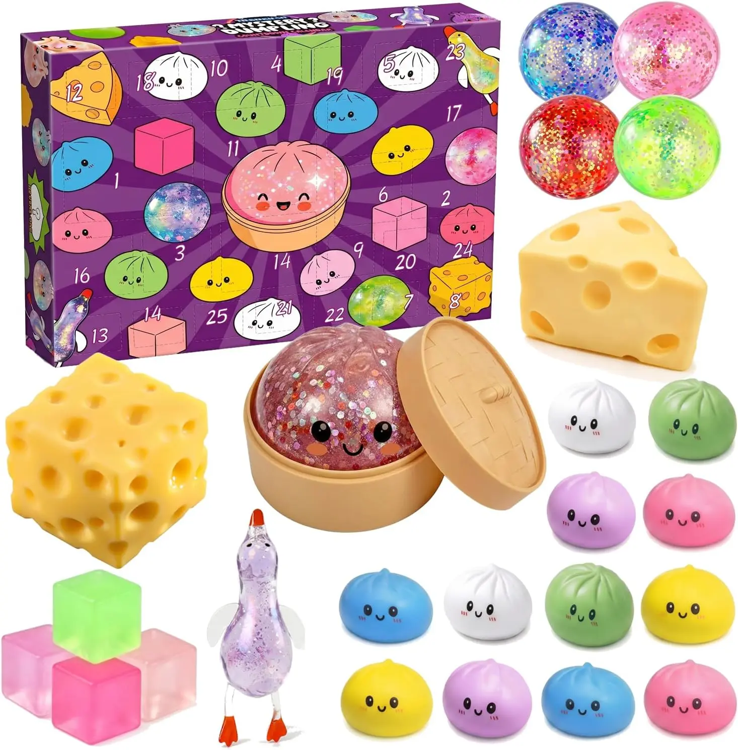 Summer Spring Gift 2026 Squishy Advent Calendar – 25-Day Christmas Countdown with Dumpling, Cheese, Glitter Ball & Surprise Squishies, Food-Themed Collectible Holiday Gift Box