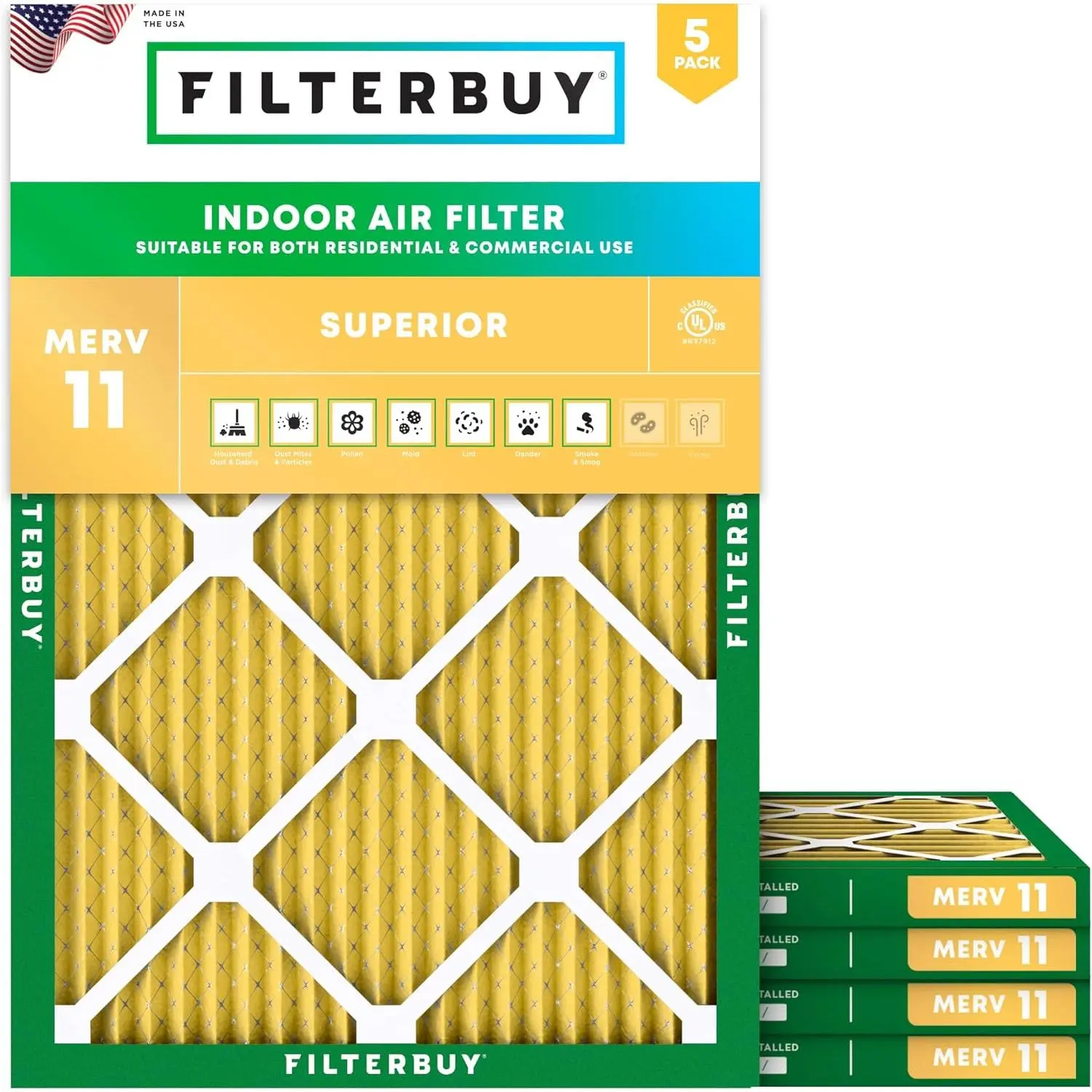 Filterbuy 16x20x1 In Air Filter (5-Pack), Pleated MERV 11 Allergen Defense for HVAC Systems, AC Furnace Air Filters (Actual Size: 15.50x19.50x0.75 In)
