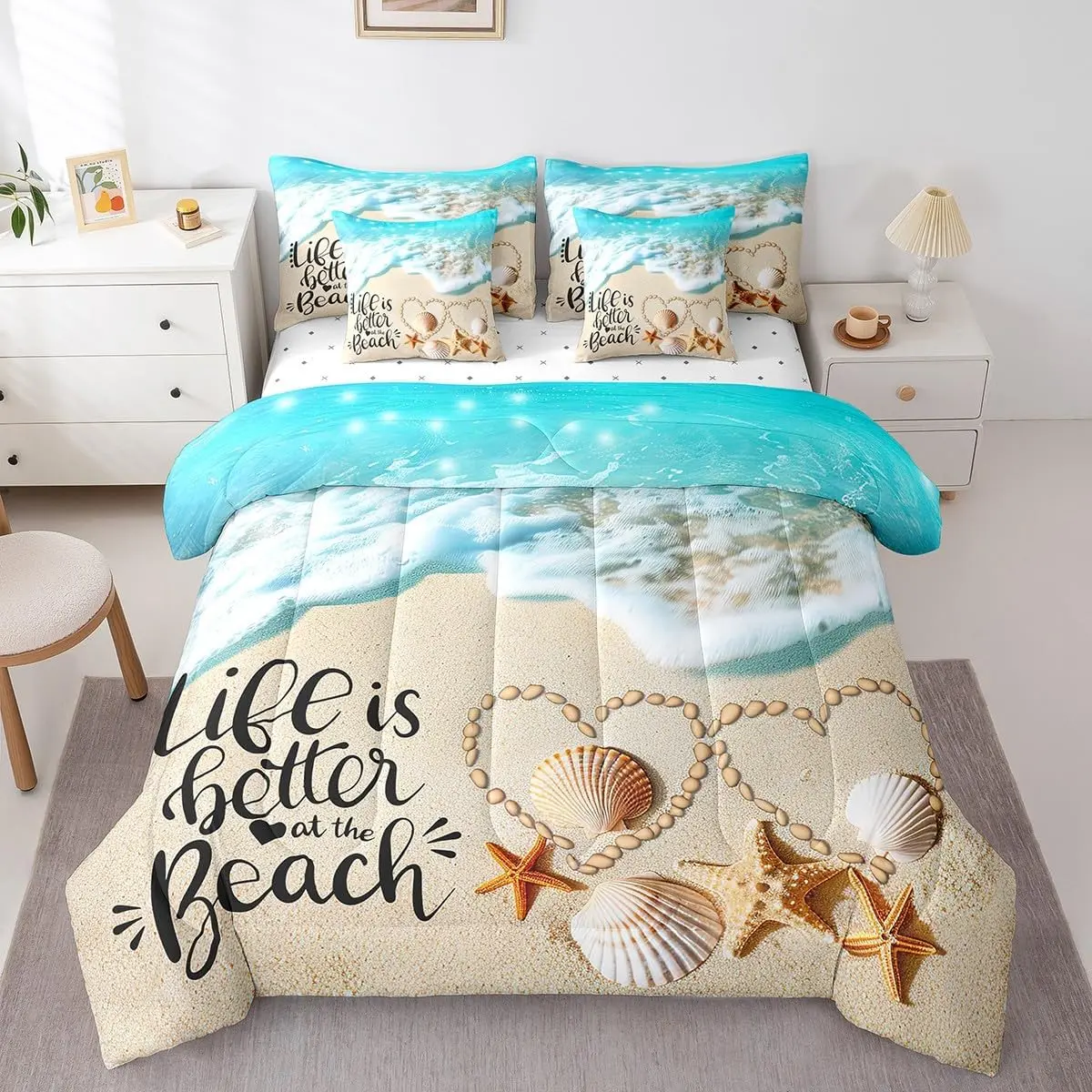 7 Pieces Sea Beach Comforter Set,Blue Ocean Theme Bedding Set,Sealife Starfish Conch Scallop Bed in A Bag with Comforter,Sheets and Pillowcases,Room Decor