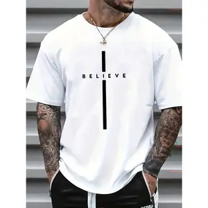 Men's BELIEVE Graphic Cotton T-Shirt - Black with White Lettering, Regular Fit Casual Summer Tee, Machine Washable, Cotton T Shirts, Streetwear Style, Minimalist Design, Comfortable Material, Lightweight Top, Street Style Lovers