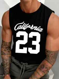 Men's Casual Gym Vest, High-Quality Soft Breathable Fabric, California 23 Print, Loose Fit Sleeveless Workout Top, Summer Season, Sleeveless Sports Vest, Gym Casual Wear
