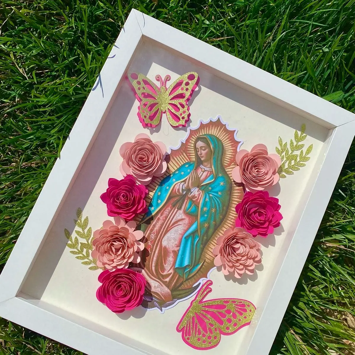 Shadow Box - Our Lady of Guadalupe Decor Flower Frame Glass Photo
