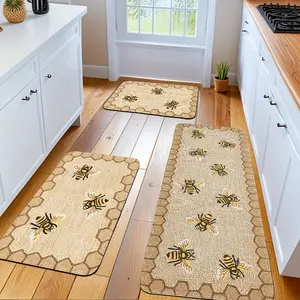 3pcs Flannel Farmhouse Warm Bee Kitchen Carpet Set, Very Good Home Decoration Carpet, Dry Soft Comfortable Easy To Clean, Suitable For Bathroom Door Mat Bedroom Living Room Porch Laundry