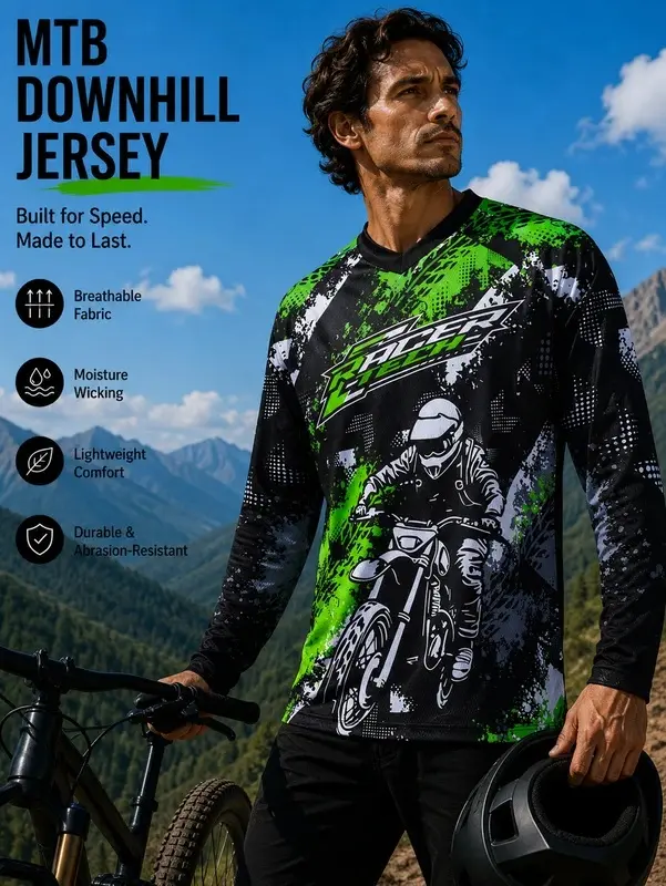 Men’s Motocross Jersey Long Sleeve Dirt Bike Racing Shirt Breathable Off Road Motorcycle MX Riding Apparel Green Black