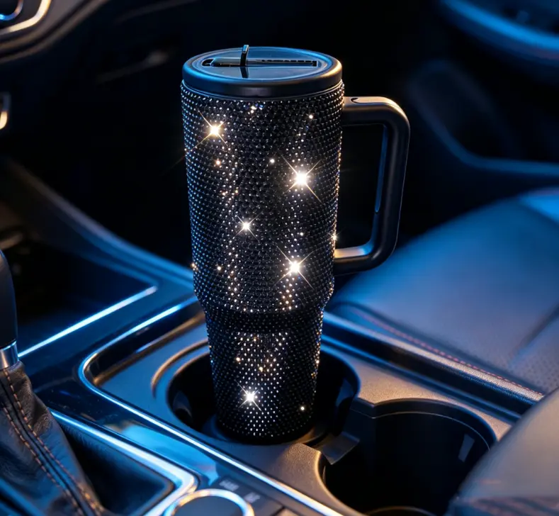 Stylish Glamorous Bling Black Rhinestone 40oz Stainless Steel Insulated Beverage Tumbler, Leak-Proof Travel Mug with Handle, Flip Straw Lid, Fits Car Cup Holder, Women's Gift (Car Interior Stowing Accessory), Large