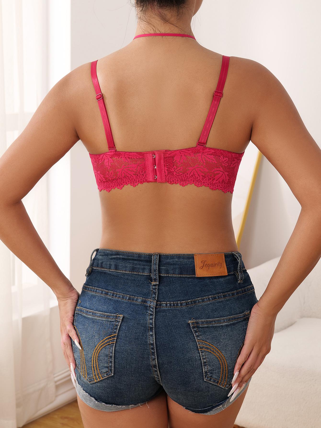 Hot Pink Push Up Bra for Women, Lace Halter Bralette with Adjustable Straps, Underwire Push Up Bra for Date Night & Clubwear