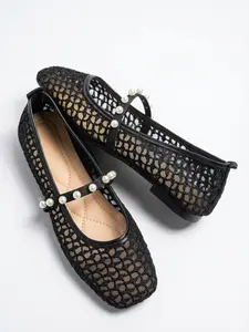 Mesh Square Toe Mary Jane Shoes, French Chic Style, Breathable Mesh + Pearl Strap, Daily Commute Women's Footwear, Elegant and Comfortable, Square Toe Flats
