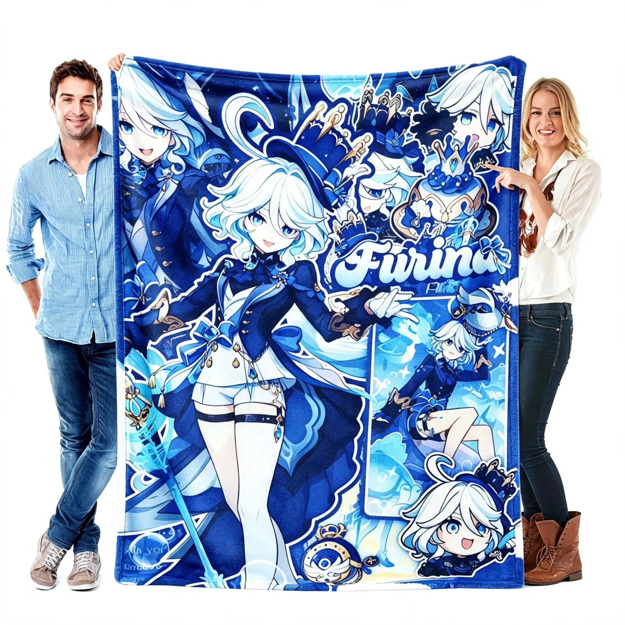 Genshin Furina Flannel Throw Blanket, Blue Character Collage Print, Soft Cozy Lightweight Fleece Blanket for Bed, Sofa, Bedroom, Dorm & Gaming Room, Gift for Anime Fans & Gamers