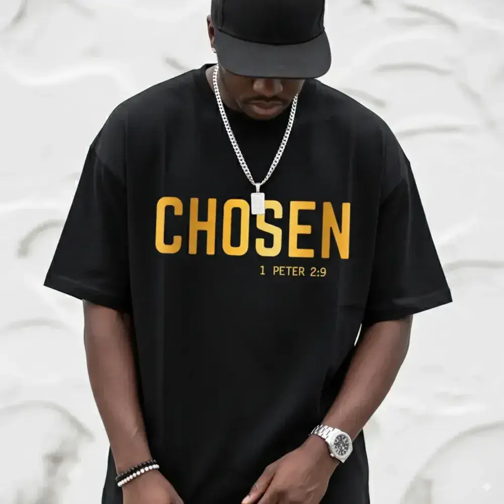 Men's Graphic T-Shirt, Navy Blue Oversized Relaxed Fit with "Chosen 1 Peter 2:9" Faith Print, Soft Cotton Christian Verse Short Sleeve Tee Casual Round Neck