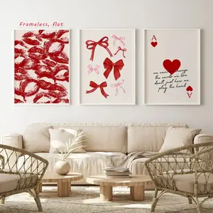 3-Piece Set, Pink Bow Poster Red Lips Print Art Card Romance-Themed Wall Decor Stylish Wall Decals Living Room Decorative Art High-Definition, Waterproof, Artistic, Frameless