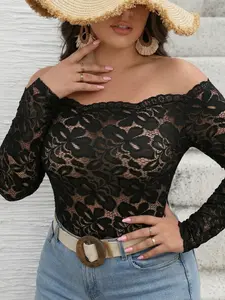 Plus Size Off Shoulder Lace Top for Women – Sexy Floral Sheer Long Sleeve Lace Blouse, Vacation Resort Beach Outfit, Layering or Wear Alone Y2K Going Out Shirt, Slim Fit Club Party Top