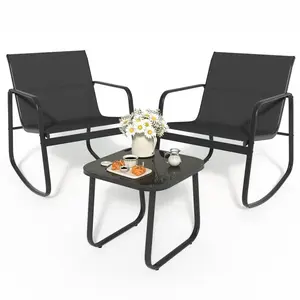 3 Piece Outdoor Rocking Bistro Set, Textilene Fabric Small Patio Furniture Set, Front Porch Rocker Chairs Conversation Set with Table for Lawn, Garden, Balcony, Poolside (Black)Courtyard furniture set, outdoor courtyard furniture reception set with table