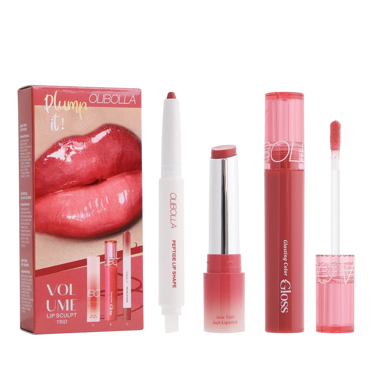 Volume Lip Sculpt Trio Set, 3-Piece Plumping Multi-Pack with Peptide Liner, Lipstick, Gloss & Mirror - Waterproof, Long-Lasting, High-Pigmentation, Smudgeproof Nude Brown Beauty Makeup That Plumps Glossy Crystal