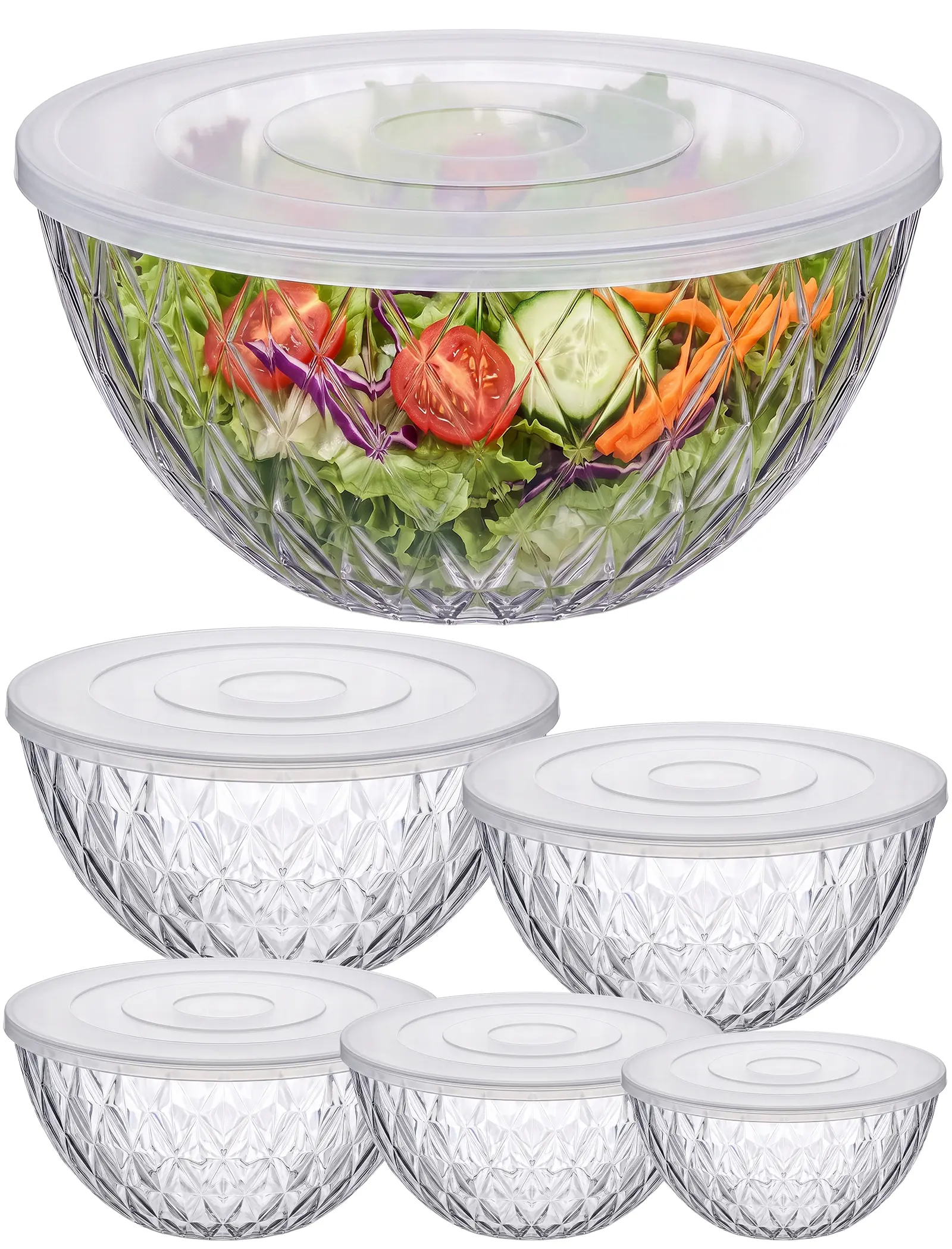 NiHome Salad Bowl with Lid – Plastic, 5-Pack, Clear Pattern