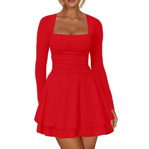 Kaximil Christmas Women's Square Neck Ruffle Hem Mini Dress Ruched Waist Long Sleeve Corset Short Party Dresses Lady Comfort Festival Breathable Athletics Fabric Womenswear Birthday&Daily&Dinner&Christmas &Vacation&Halloween&Formal Dress Outdoorfun