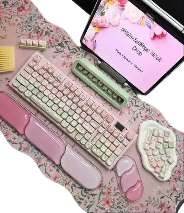 Pink Flowers Theme Mechanical Wireless Keyboard Full Set - Custom Keycaps, RGB, Wireless Multi-Device, Keyboard Accessory, Custom Keycaps Keyboards, Keyboard Accessory Keyboards