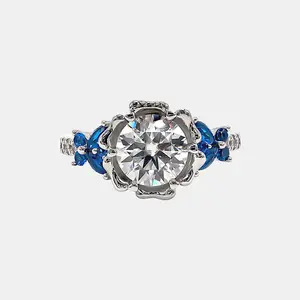 【730】“Springtime Symphony” Blue Butterflies Petal Set 2 Carat Synthetic Moissanite Ring - Fashion, Wedding, Anniversary, Party Jewelry Gift