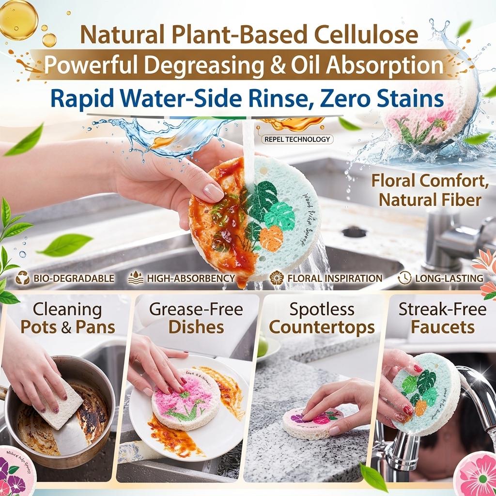 Luxury Eco-Friendly Wood Cellulose Floral Kitchen Sponge, Absorbent Foam Wipe, Soap-Compatible Flower-Printed Scrubber for Dishes (N2), Kitchen Sponges