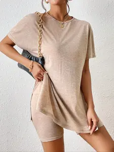 Women's Casual Two-Piece Set, Batwing Sleeve Round Neck Tee & Split Shorts, Spring & Fall Fashion, Daily Wear, Age 20-35