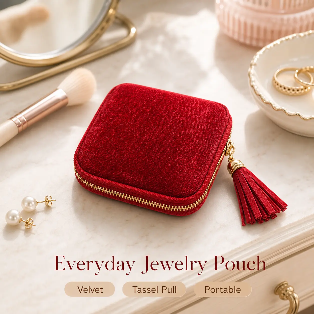 Women's Small Compact Jewelry Travel Organizer - Velvet Pouch with 5 Soft Pockets, Satin Lining, Tassel Charm Zipper, Tangle-Free Storage for Rings, Earrings, Necklaces, Bracelets, Coins, Earbuds, Ideal for Commuting, Gifting, Handbag Carry-Ons
