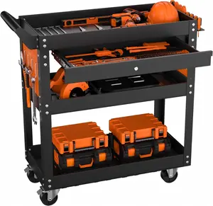 4 Tier Rolling Tool Cart, Mechanic Tool Cart on Wheels, 350LBS Capacity, Heavy Duty Utility Cart with Lockable Drawer & Side Pegboards, Metal Work Cart for Garage and Repair Shop